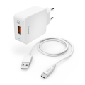 HÁLÓZATI TÖLTŐ, USB "QC 3.0" + USB - TYPE-C KÁBEL, 19,5W